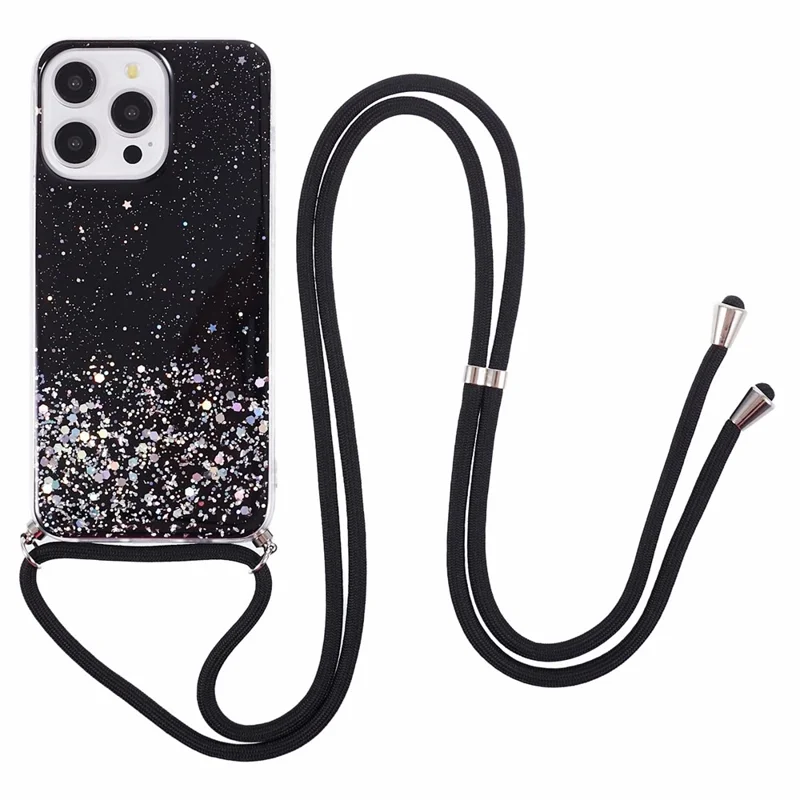 AW Series for iPhone 13 Pro Max Cell Phone Case Sparkle Epoxy TPU Cover with Lanyard - Black
