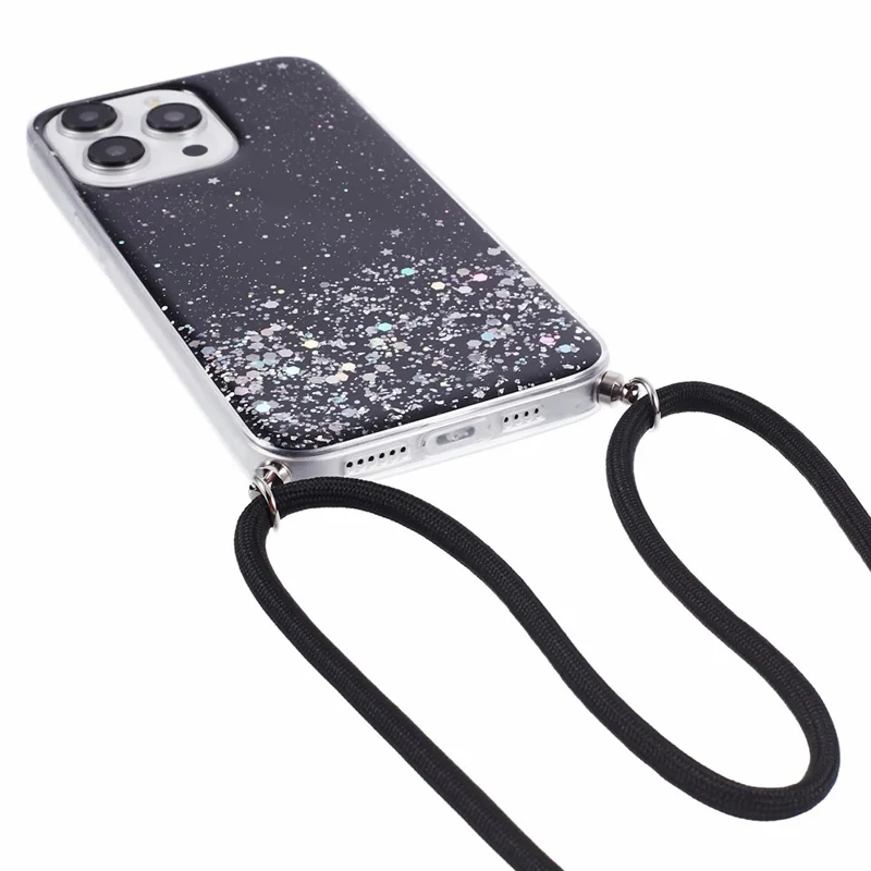 AW Series for iPhone 13 Pro TPU Phone Shell Case Sparkle Epoxy Phone Cover with Lanyard - Black