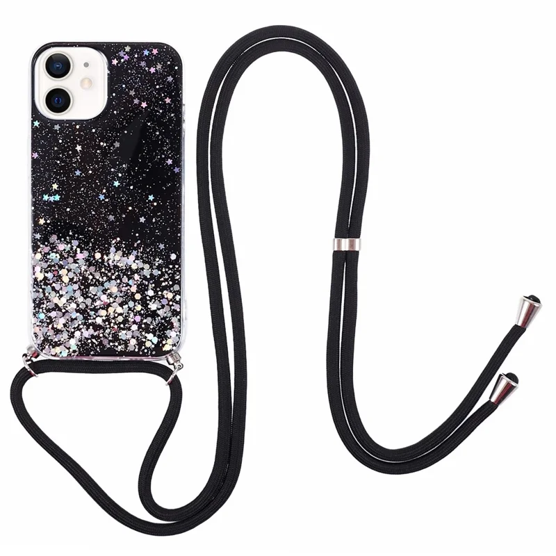 AW Series for iPhone 12 Pro / 12 Case Sparkle Epoxy TPU Phone Shell with Lanyard - Black