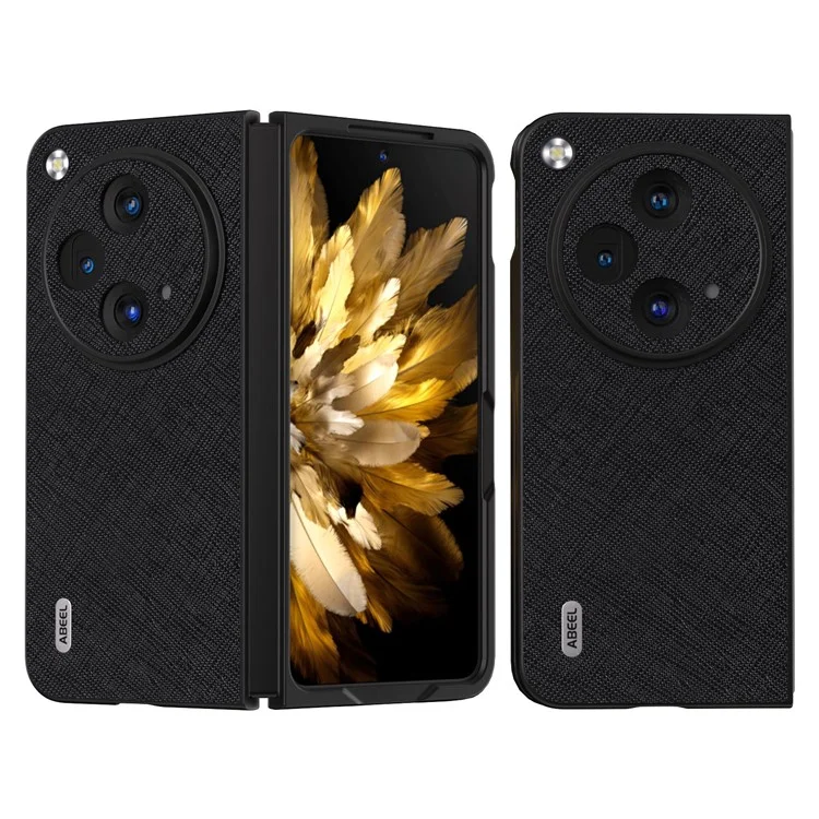 ABEEL для Oppo Find N3 5G / OnePlus Open Case Cross Texture Genuine Cow Leather Phone Back Cover - Черный