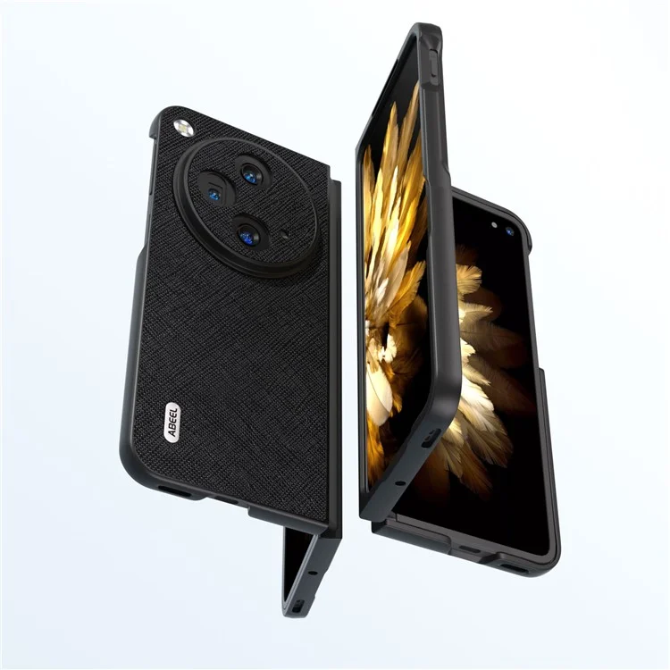 ABEEL для Oppo Find N3 5G / OnePlus Open Case Cross Texture Genuine Cow Leather Phone Back Cover - Черный