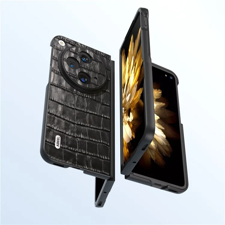 ABEEL Für Oppo Find N3 5G / OnePlus Open Case Echtes Rindsleder+PC Rückseiten-Handytasche - Schwarz