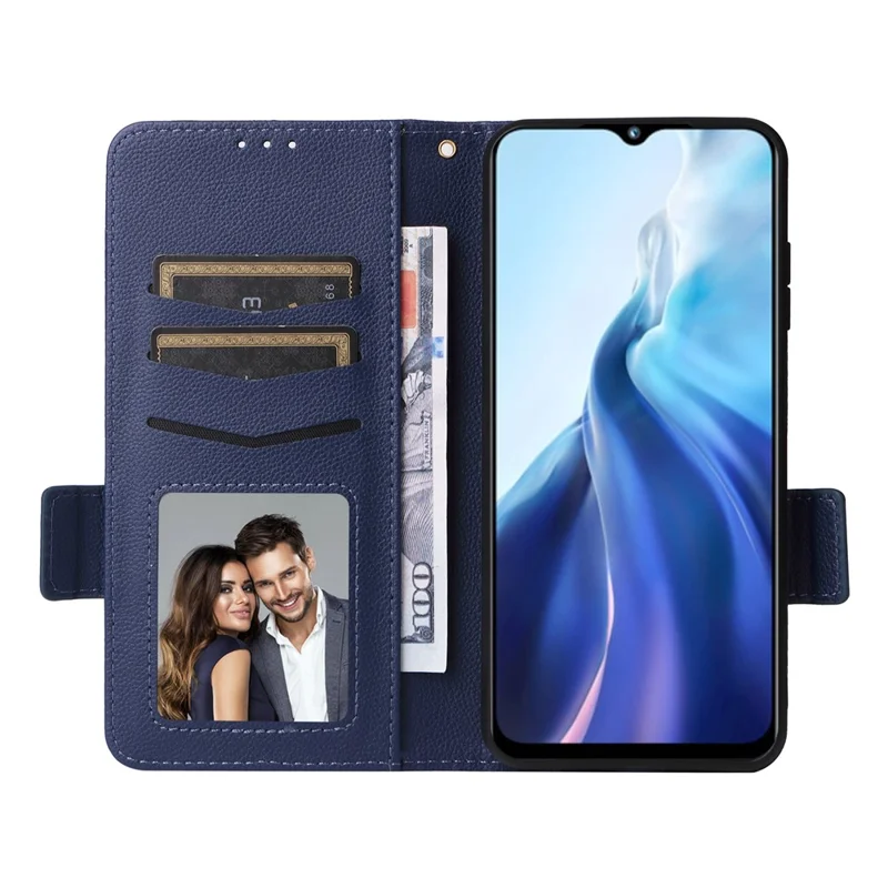 For Oukitel C36 / C35 Case Anti-Collision Litchi Texture PU Leather Smartphone Cover with Strap - Dark Blue