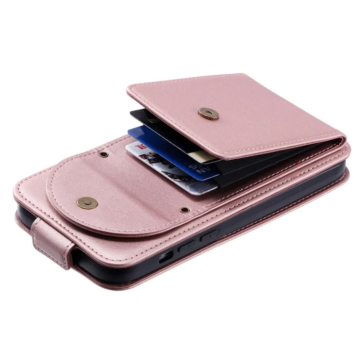 For Samsung Galaxy A34 5G Case Vertical Flip Card Bag Phone Cover with Straps - Rose Gold