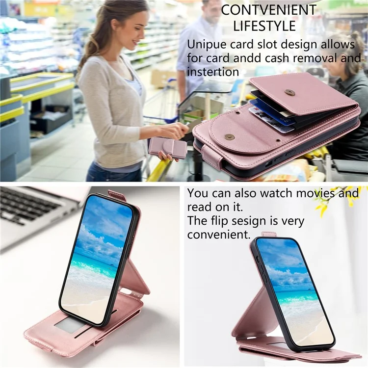 For Samsung Galaxy A34 5G Case Vertical Flip Card Bag Phone Cover with Straps - Rose Gold
