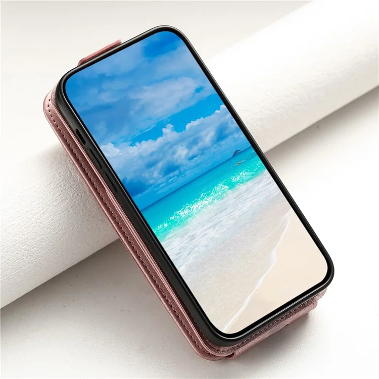 For Samsung Galaxy A34 5G Case Vertical Flip Card Bag Phone Cover with Straps - Rose Gold
