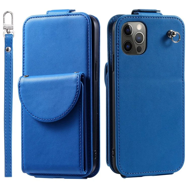 Per iPhone 12 / 12 Pro PU Leather + TPU Phone Case Vertical Card Holder Phone Cover with 2 Straps - Blue