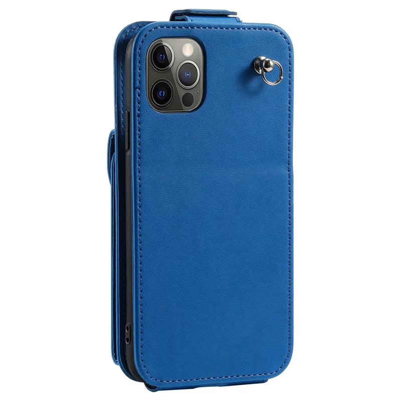 Per iPhone 12 / 12 Pro PU Leather + TPU Phone Case Vertical Card Holder Phone Cover with 2 Straps - Blue