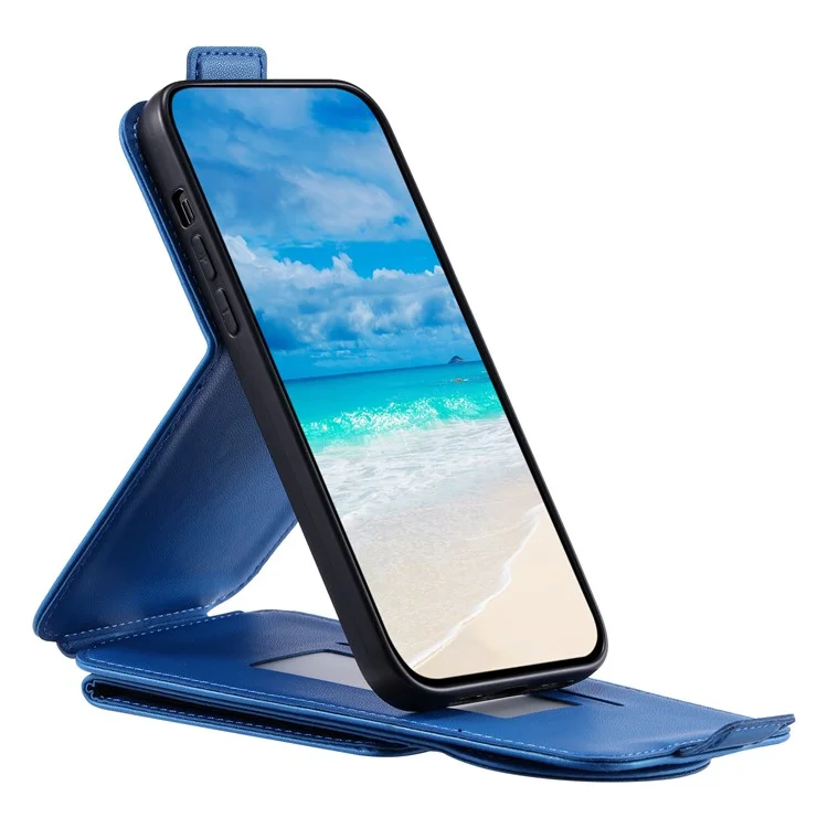 Per iPhone 12 / 12 Pro PU Leather + TPU Phone Case Vertical Card Holder Phone Cover with 2 Straps - Blue