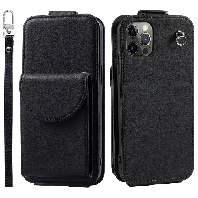Для iPhone 12 / 12 Pro PU Кожаный + TPU Чехол для телефона Вертикальный держатель для карт Чехол для телефона с 2 ремешками - Черный