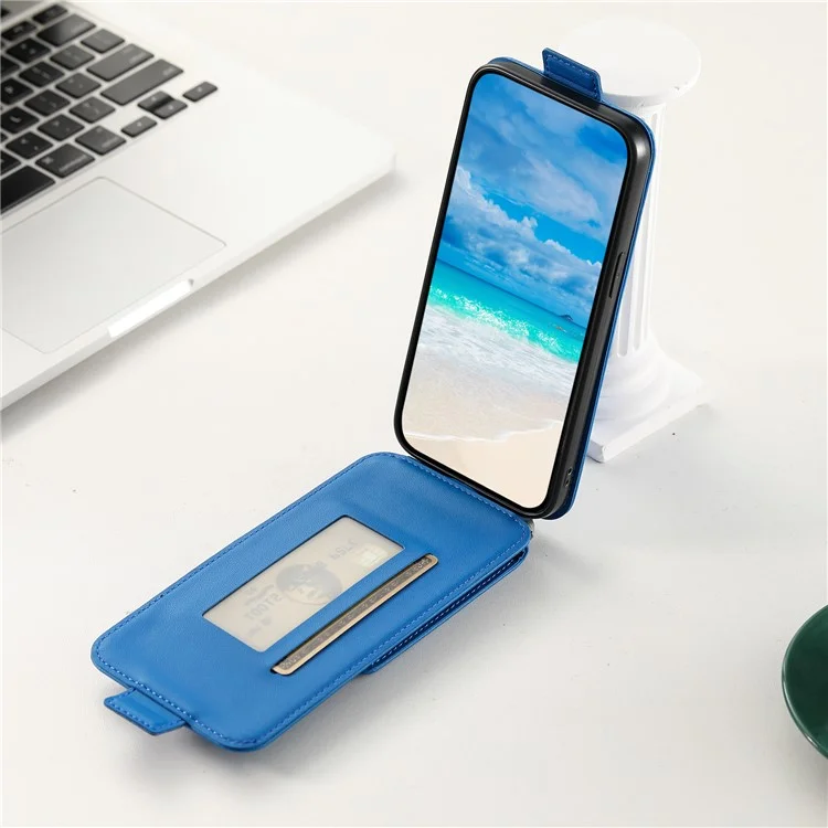 For iPhone 15 Case Phone Cover Leather+TPU Vertical Flip Phone Shell with Card Bag - Blue