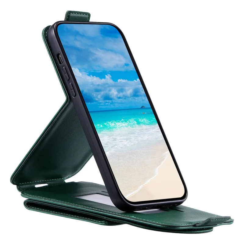 For iPhone 15 Case Phone Cover Leather+TPU Vertical Flip Phone Shell with Card Bag - Green