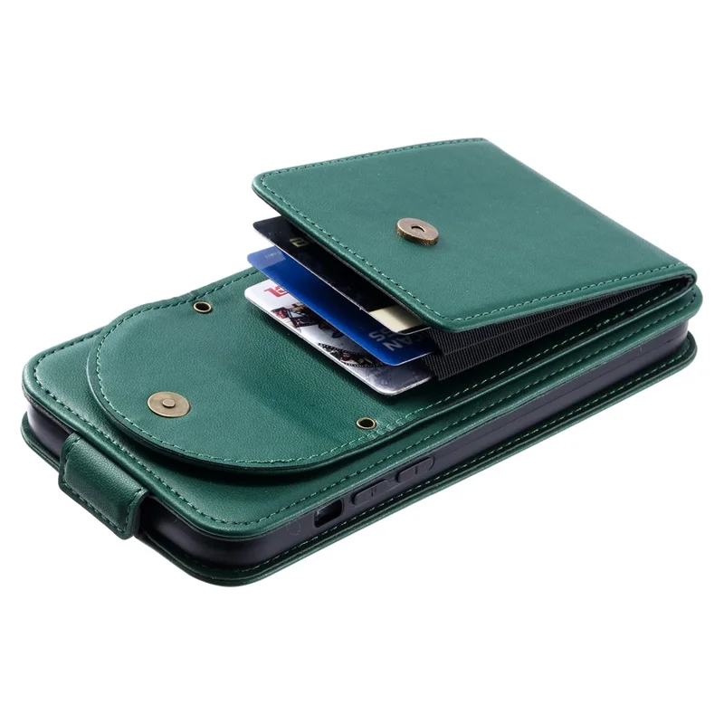 For iPhone 15 Case Phone Cover Leather+TPU Vertical Flip Phone Shell with Card Bag - Green
