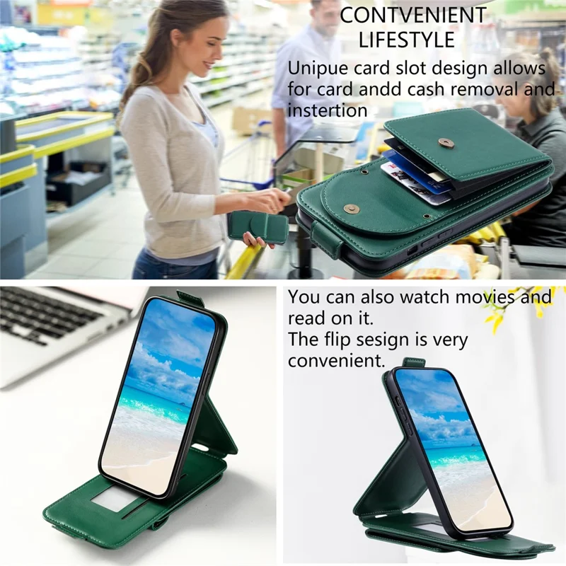 For iPhone 15 Case Phone Cover Leather+TPU Vertical Flip Phone Shell with Card Bag - Green