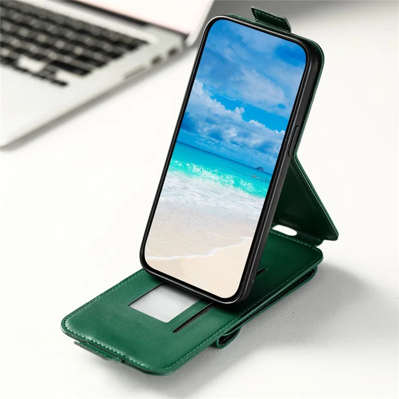 For iPhone 15 Case Phone Cover Leather+TPU Vertical Flip Phone Shell with Card Bag - Green