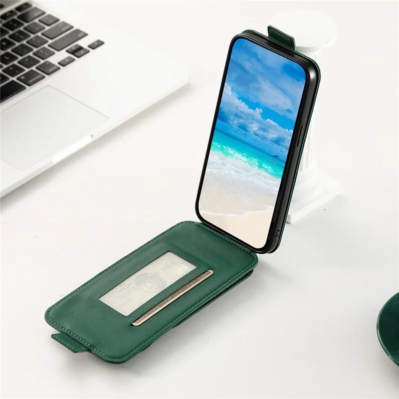For iPhone 15 Case Phone Cover Leather+TPU Vertical Flip Phone Shell with Card Bag - Green
