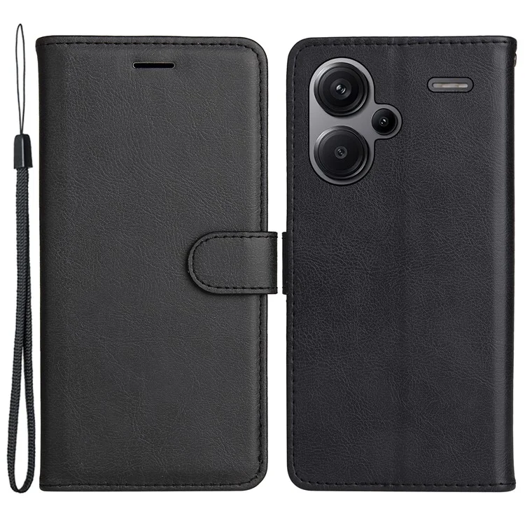 For Xiaomi Redmi Note 13 Pro+ 5G Case Solid Color Leather Mobile Cover Wallet Stand with Strap - Black