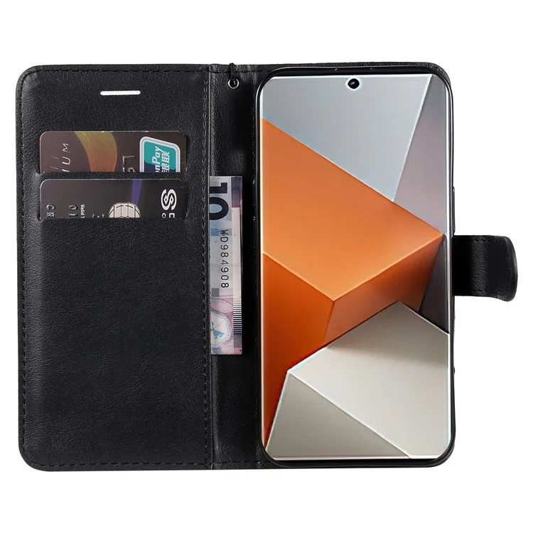For Xiaomi Redmi Note 13 Pro+ 5G Case Solid Color Leather Mobile Cover Wallet Stand with Strap - Black