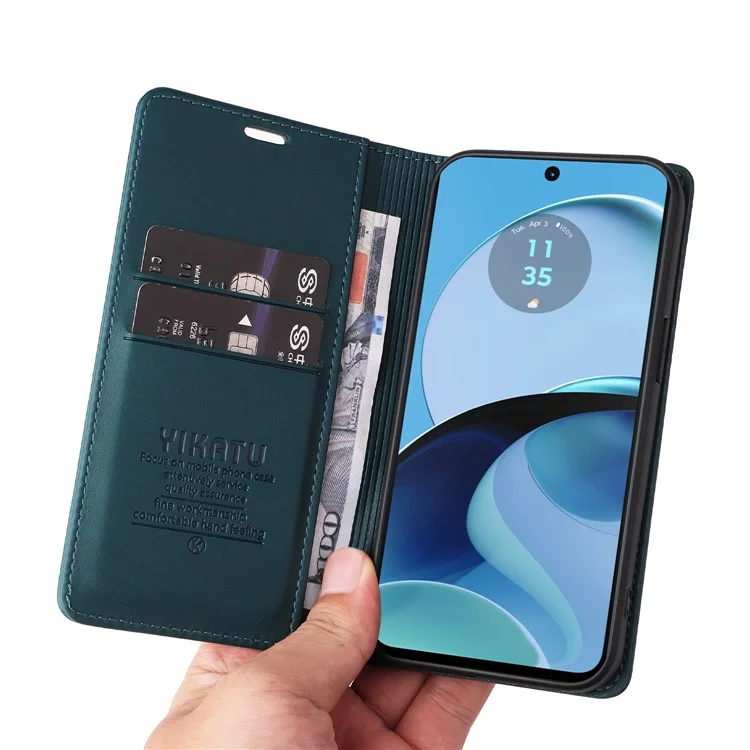 YIKATU YK-001 Para Motorola Moto G14 4G Capa de Telefone Caso PU Leather Wallet Stand Cover - Verde