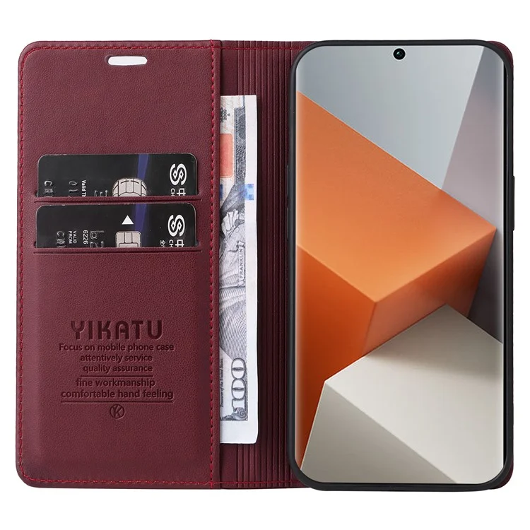 YIKATU YK-001 For Xiaomi Redmi Note 13 Pro+ 5G Étui Magnétique Fermant Étui en Cuir pour Téléphone - Rouge Vin