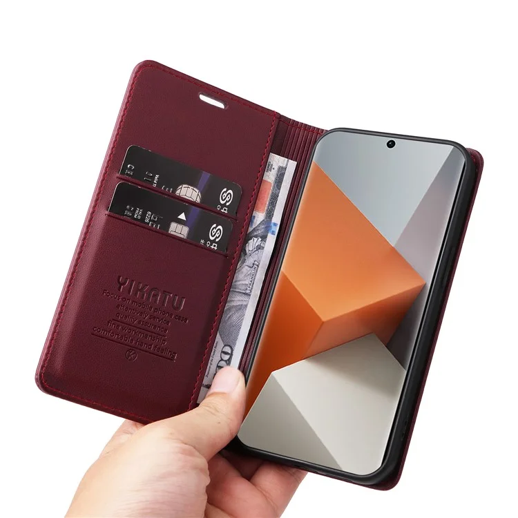 YIKATU YK-001 For Xiaomi Redmi Note 13 Pro+ 5G Étui Magnétique Fermant Étui en Cuir pour Téléphone - Rouge Vin
