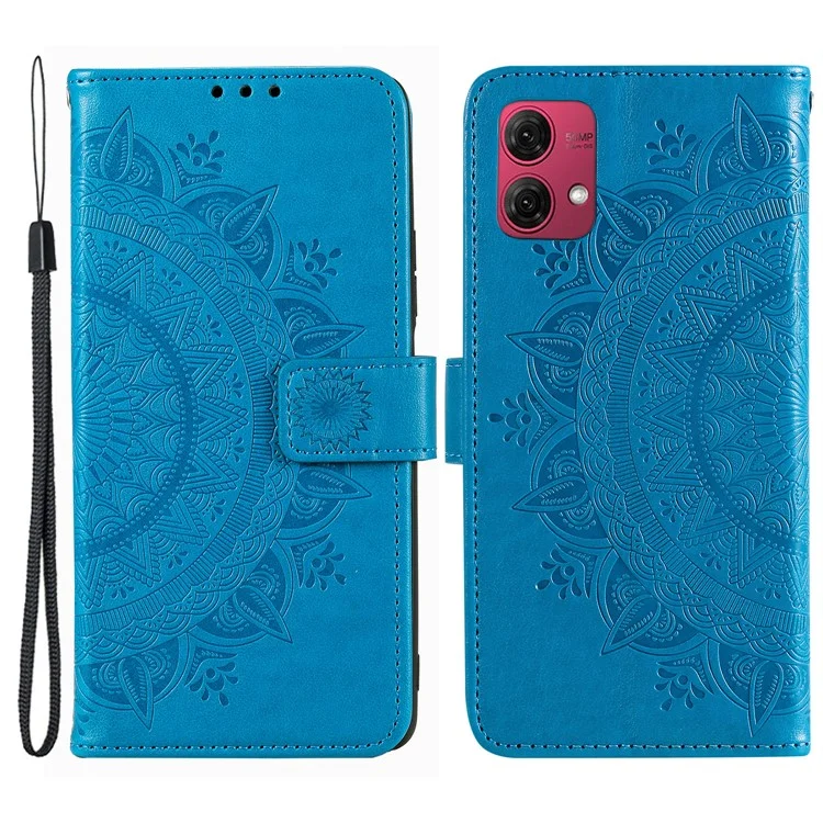 Per Motorola Moto G84 5G Case Mandala Flower Imprinted Leather Phone Cover con Cinghia - Blu