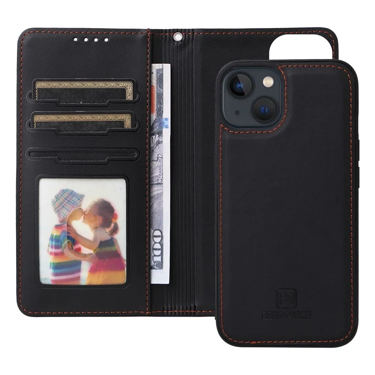 BETOPNICE 005 Coque pour iPhone 13 Étui détachable 2-en-1 en cuir avec porte-carte et dragenne - Noir