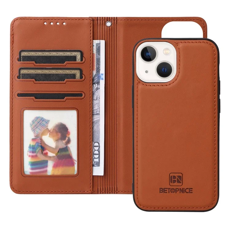 For iPhone 14 Plus Magnetic Case BETOPNICE Detachable PU Leather Phone Cover with Strap - Brown