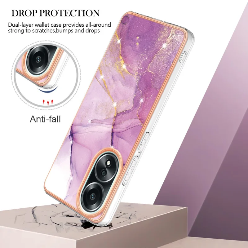 For Oppo A58 4G TPU Case with IMD Marble Pattern Electroplated Back Cover - Purple 001