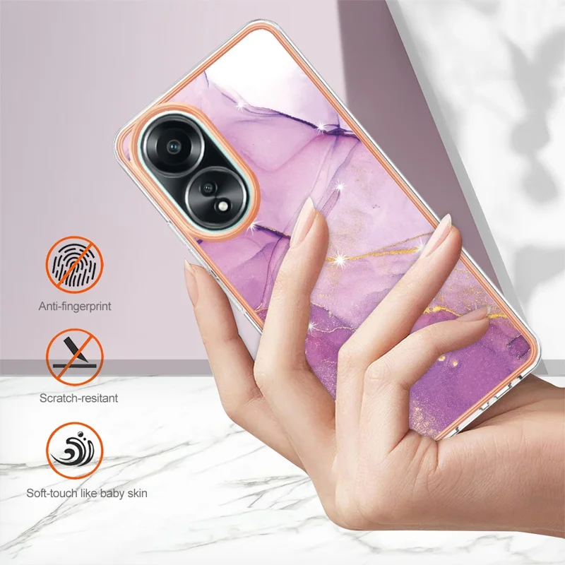 For Oppo A58 4G TPU Case with IMD Marble Pattern Electroplated Back Cover - Purple 001