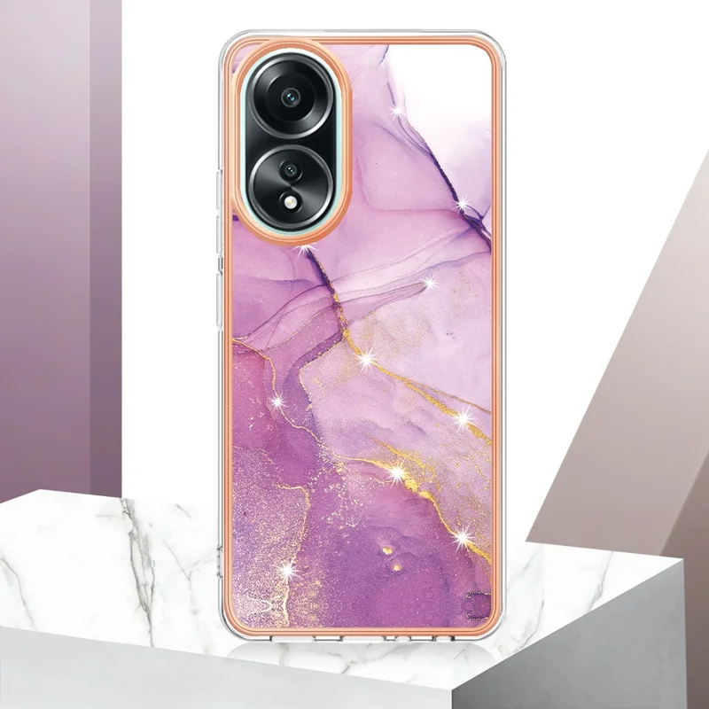 For Oppo A58 4G TPU Case with IMD Marble Pattern Electroplated Back Cover - Purple 001