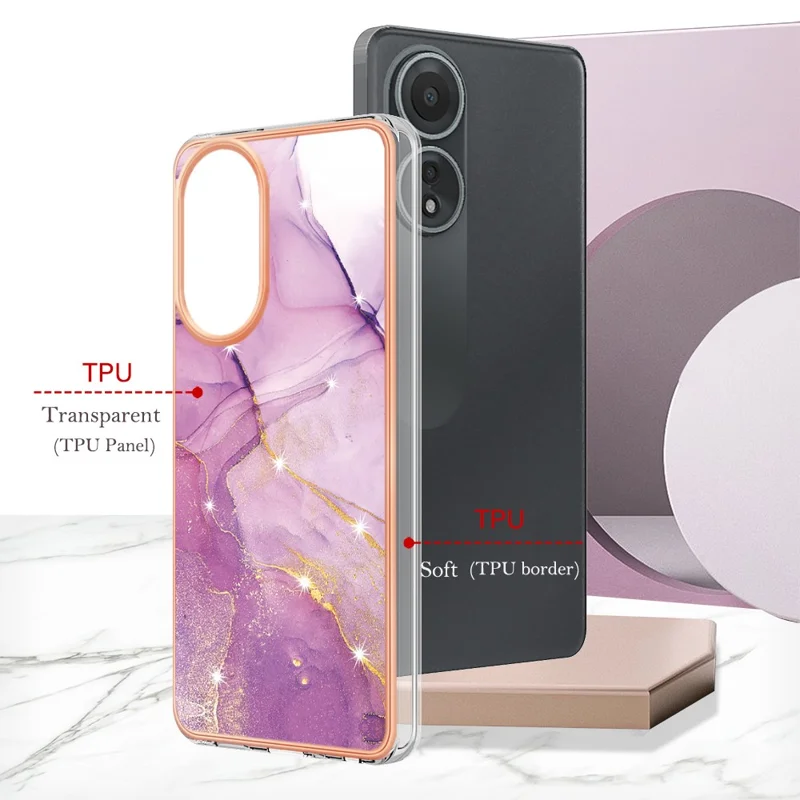 For Oppo A58 4G TPU Case with IMD Marble Pattern Electroplated Back Cover - Purple 001