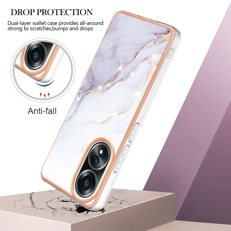 For Oppo A58 4G TPU Case with IMD Marble Pattern Electroplated Back Cover - White 006