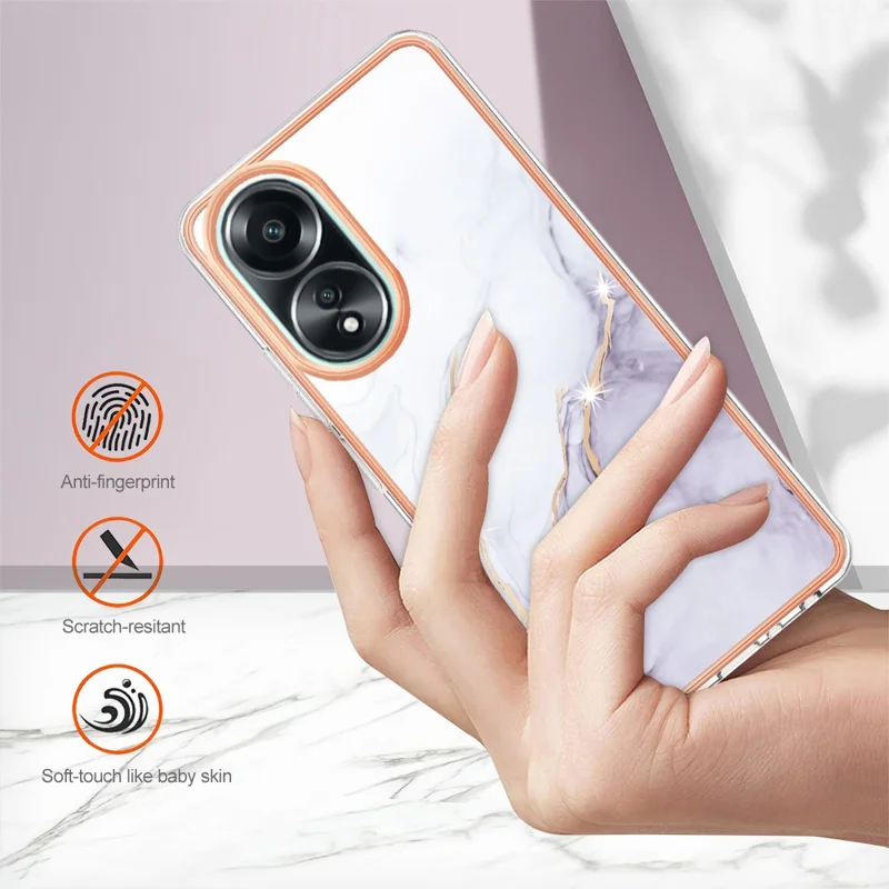 For Oppo A58 4G TPU Case with IMD Marble Pattern Electroplated Back Cover - White 006