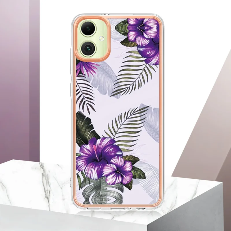 For Samsung Galaxy A05 4G Case with IMD Marble Flower Pattern TPU Mobile Back Cover - Purple Flower