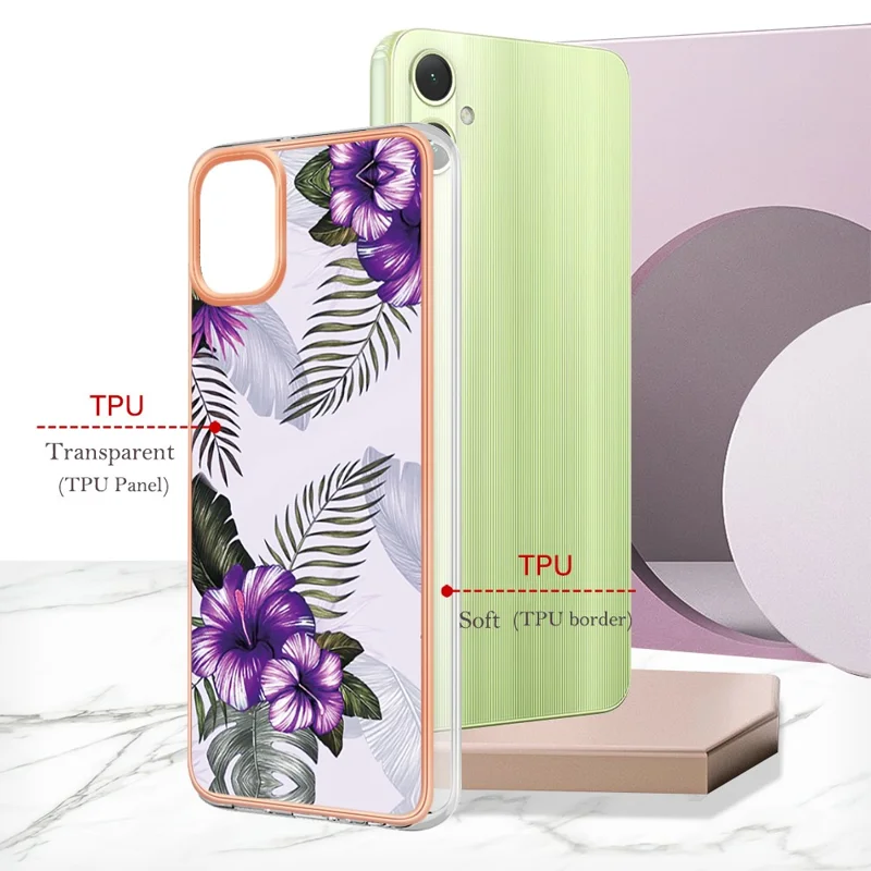For Samsung Galaxy A05 4G Case with IMD Marble Flower Pattern TPU Mobile Back Cover - Purple Flower