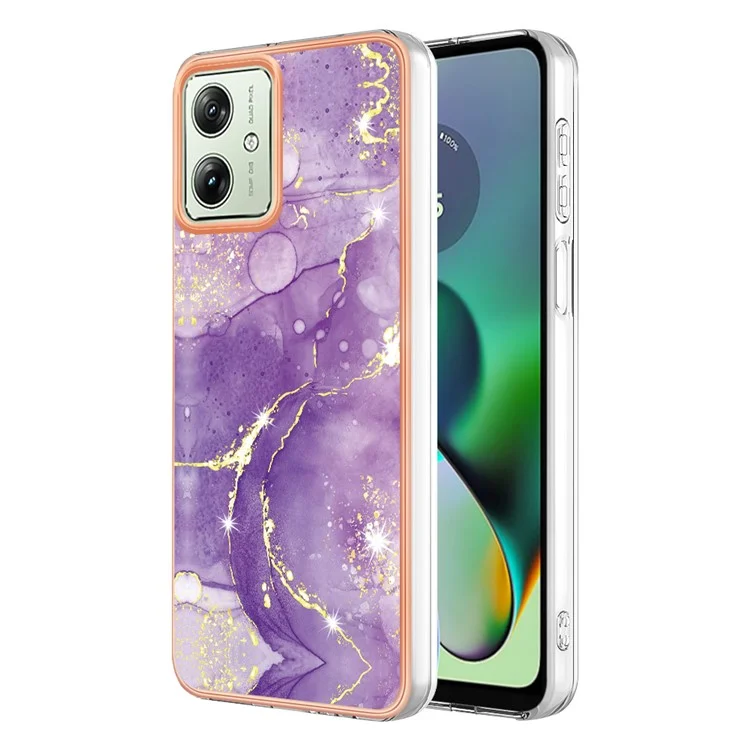 For Motorola Moto G54 5G TPU Case with IMD Marble Pattern Electroplated Back Cover - Purple 002