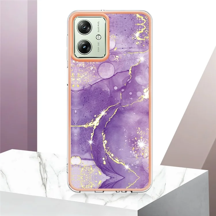 For Motorola Moto G54 5G TPU Case with IMD Marble Pattern Electroplated Back Cover - Purple 002