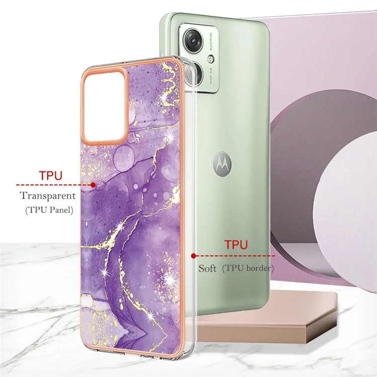 For Motorola Moto G54 5G TPU Case with IMD Marble Pattern Electroplated Back Cover - Purple 002