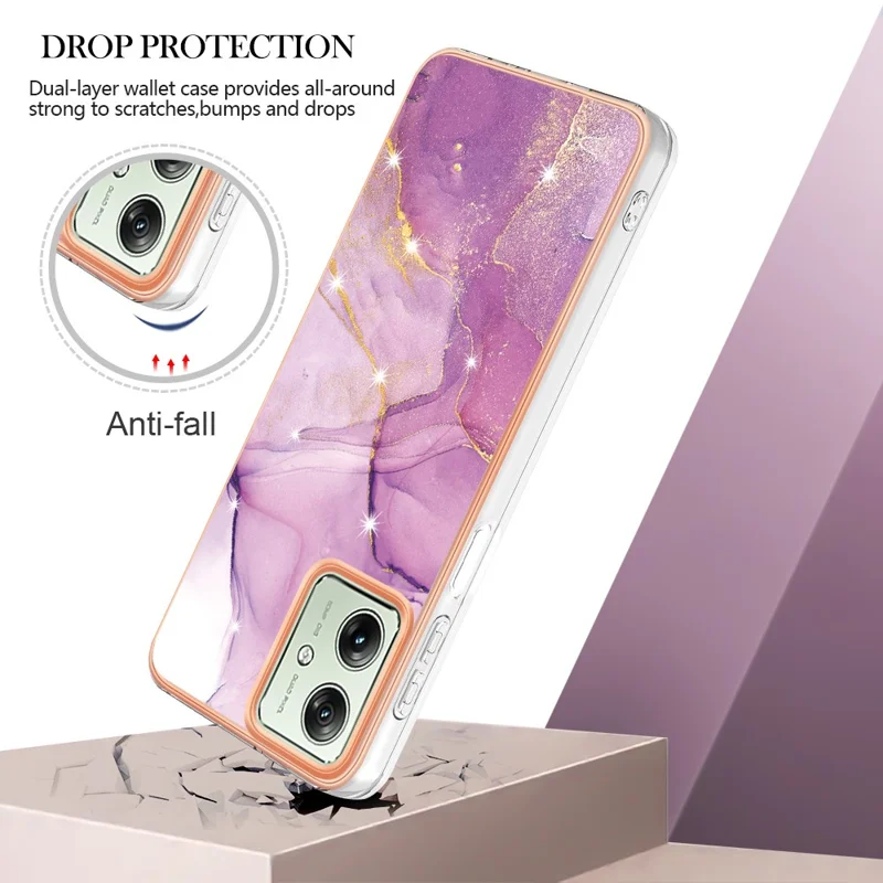 For Motorola Moto G54 5G TPU Case with IMD Marble Pattern Electroplated Back Cover - Purple 001