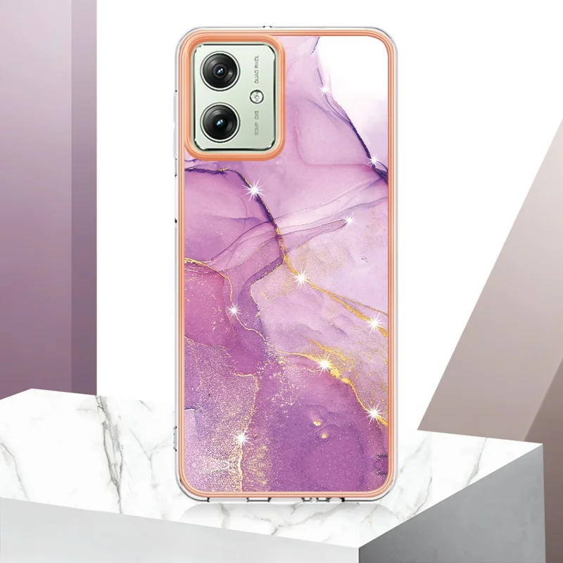 For Motorola Moto G54 5G TPU Case with IMD Marble Pattern Electroplated Back Cover - Purple 001