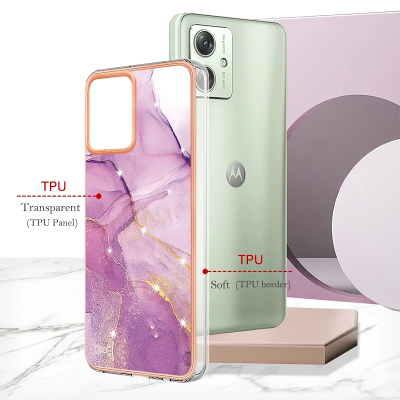 For Motorola Moto G54 5G TPU Case with IMD Marble Pattern Electroplated Back Cover - Purple 001