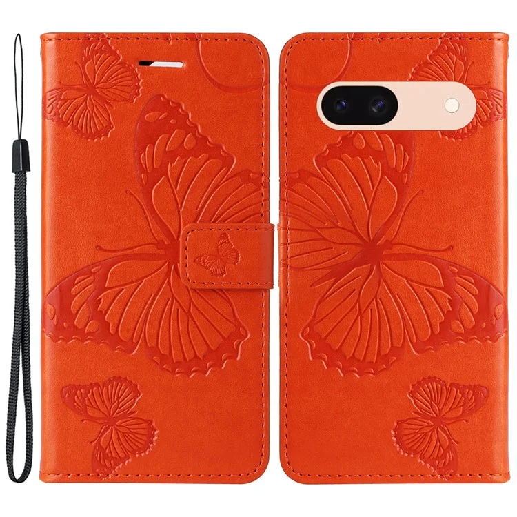 For Google Pixel 8a Wallet Case Floral Butterfly Imprinted Leather Phone Cover Stand - Orange