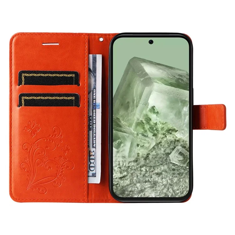 For Google Pixel 8a Wallet Case Floral Butterfly Imprinted Leather Phone Cover Stand - Orange