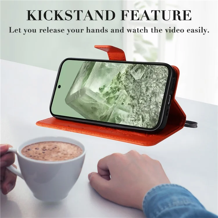 For Google Pixel 8a Wallet Case Floral Butterfly Imprinted Leather Phone Cover Stand - Orange