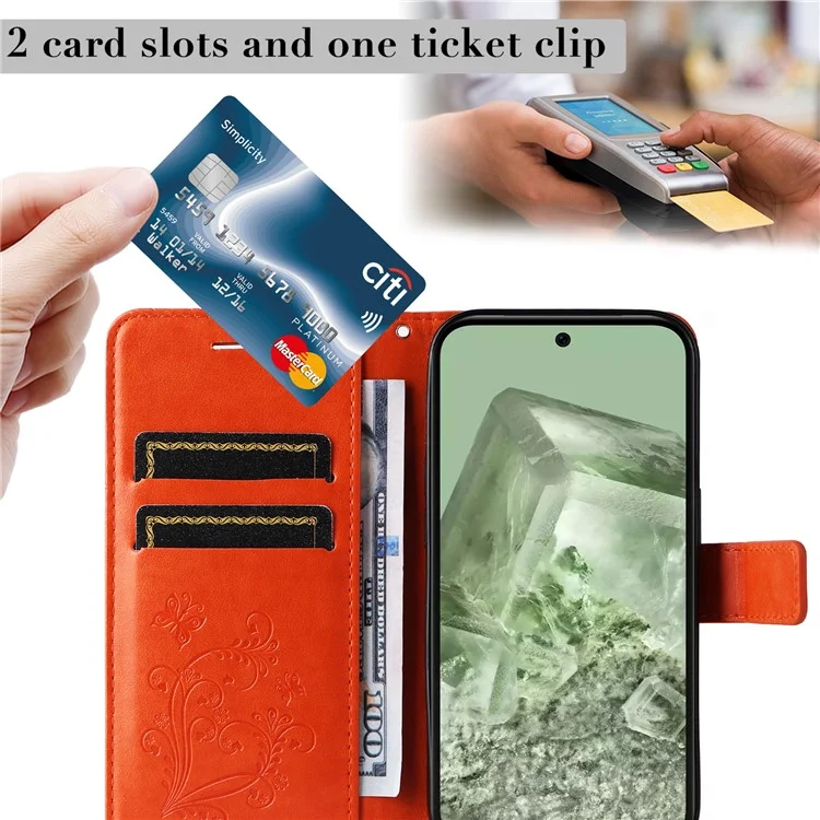 For Google Pixel 8a Wallet Case Floral Butterfly Imprinted Leather Phone Cover Stand - Orange