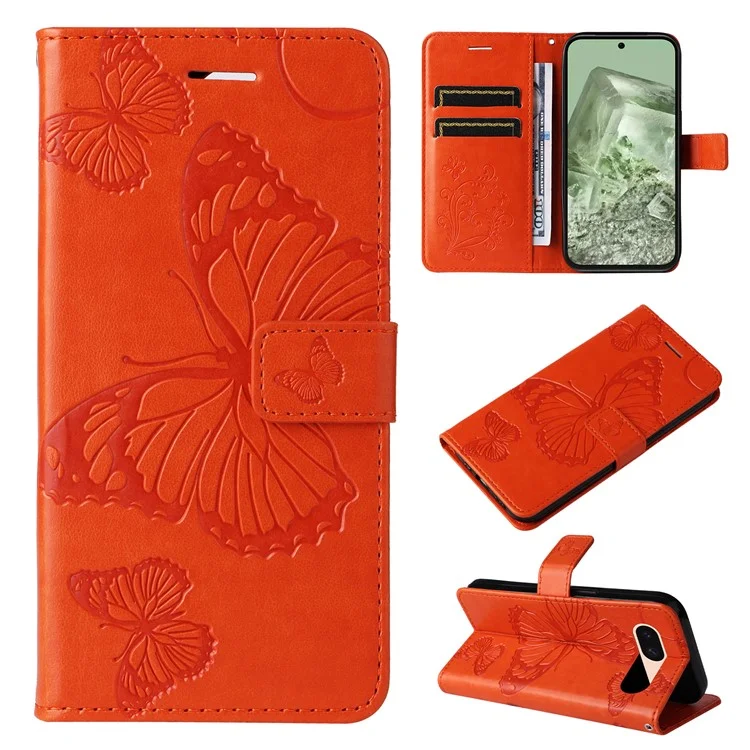 For Google Pixel 8a Wallet Case Floral Butterfly Imprinted Leather Phone Cover Stand - Orange
