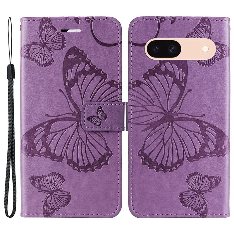For Google Pixel 8a Wallet Case Floral Butterfly Imprinted Leather Phone Cover Stand - Purple