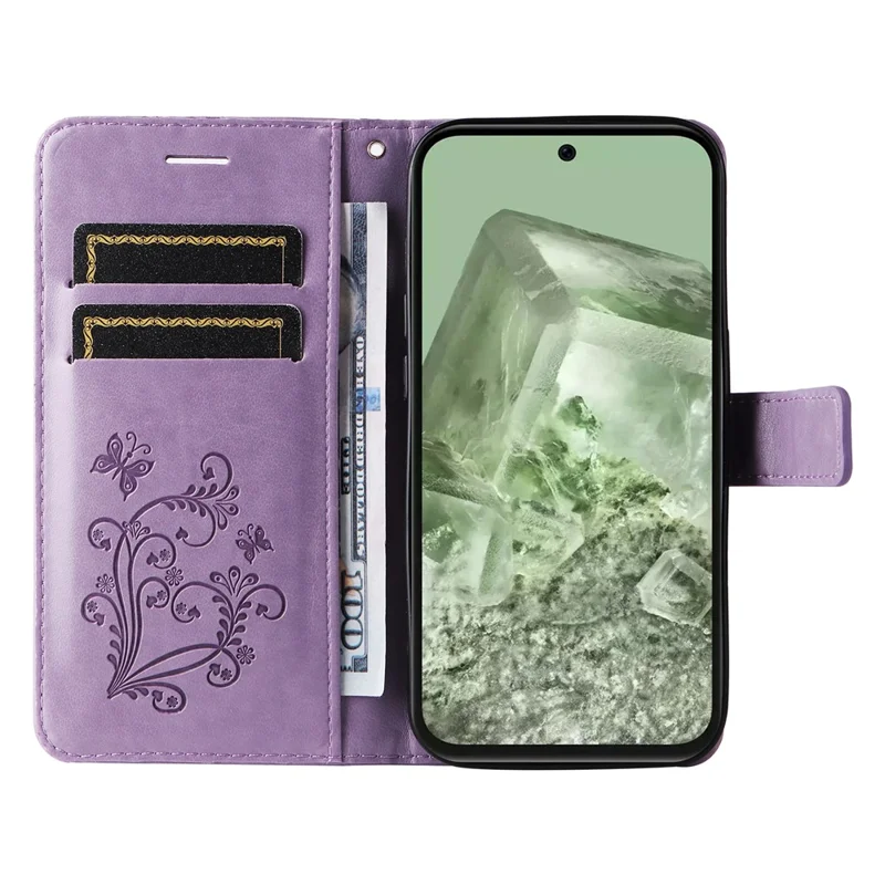 For Google Pixel 8a Wallet Case Floral Butterfly Imprinted Leather Phone Cover Stand - Purple