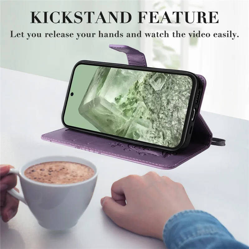 For Google Pixel 8a Wallet Case Floral Butterfly Imprinted Leather Phone Cover Stand - Purple